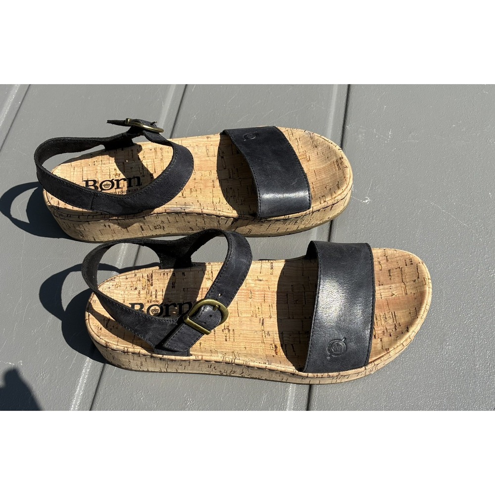 Born Sari Black Leather Strap Cork Platform Sandals Womens 8M Handcrafted Shoes